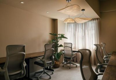 Co-working space with rows of workstations and large windows behind sheer curtains.
