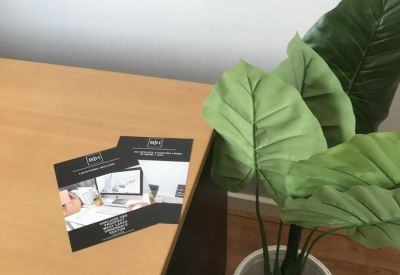 Wooden desk corner featuring marketing brochures and a leafy green potted plant.