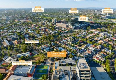 Aerial overview of the neighborhood and nearby schools.