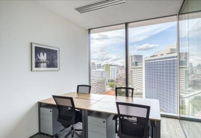 Private corner office suite with wooden desks and large windows overlooking the city skyline.