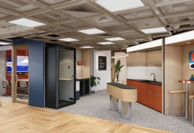 Communal breakout area with a modern kitchen island, wood-look flooring, and a creative coffered ceiling.