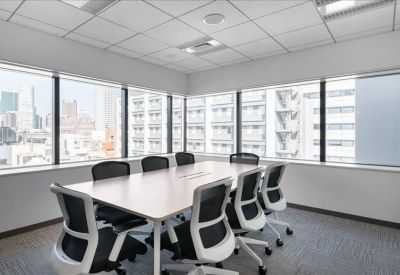 Bright conference room with a large table and panoramic window views.
