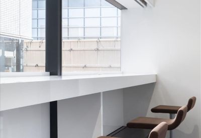 Modern window-side breakfast bar with tall stools overlooking the city.