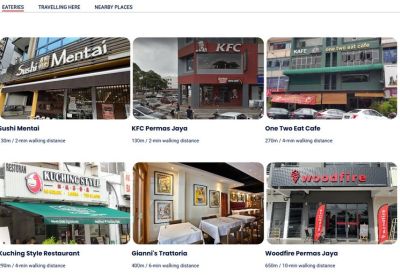 Directory of local eateries within walking distance including Sushi Mentai and KFC.