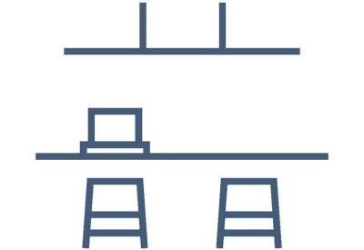 Hot desk icon featuring stools and a laptop on a bench.