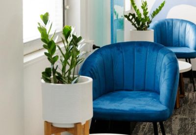 Bright breakout area with plush blue velvet armchairs, white marble side tables, and potted plants.