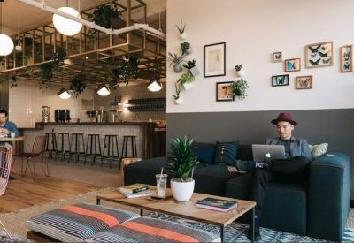 Lounge area with a dark blue sofa, gallery wall of photos, and a person working on a laptop.