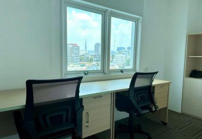 Private office workstation set against a window overlooking the city skyline.