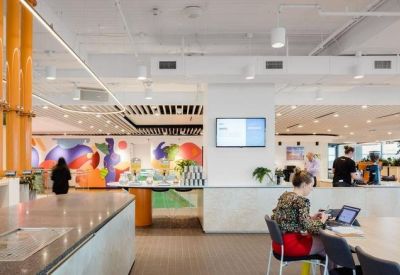 Modern communal kitchen and dining area with colorful murals and natural light.