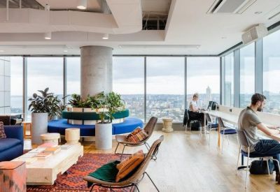 Bright coworking space featuring a blue sofa, indoor plants, and floor-to-ceiling city views.
