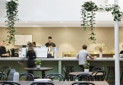 On-site café and dining area with a long service counter and hanging ivy plants.