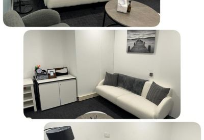 Collage showing a clinical office setup with white sofas and dark grey accent pillows.