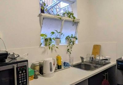Staff kitchen area with white countertops, a sink, microwave, and small potted plants on the windowsill.