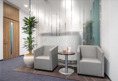 Waiting area with grey armchairs and a decorative plant near a frosted glass wall.