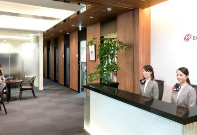 Professional reception desk with two staff members and wooden wall accents.