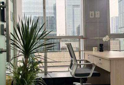Private office workstation with a green plant and views of city skyscrapers through large windows.