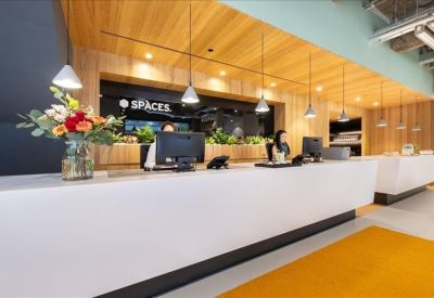 Sleek white reception desk with warm wooden ceiling and colorful floral arrangement.