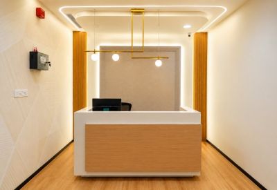 Bright reception desk with wood accents and decorative geometric wall patterns.