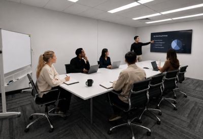 Modern meeting room with a large white table, professional chairs, and a person presenting on a screen.