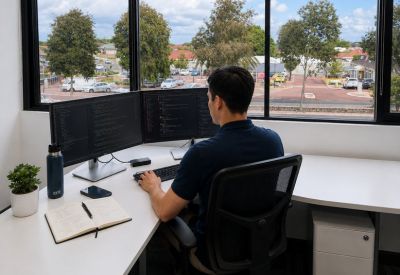 Private corner workspace featuring a L-shaped desk and large windows with suburban views.