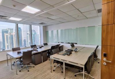 Executive meeting room with a large wooden table and views of the Pudong skyline.