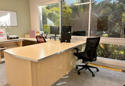Bright private office with large windows overlooking tropical greenery.