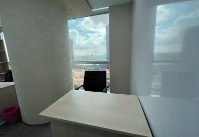 Private office with a large desk and a window overlooking city buildings.