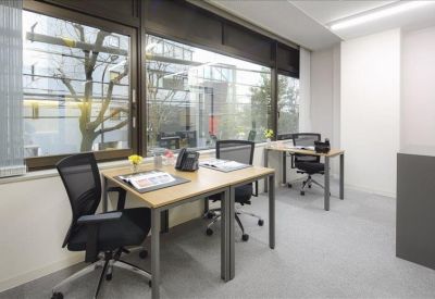 Private office with two desks and a large window overlooking a tree.