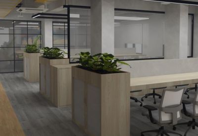 Wide office corridor with wooden planters, glass partitions, and ergonomic seating.