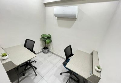 Compact private office with two desks, ergonomic chairs, and a potted plant.