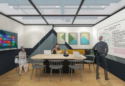 Modern meeting room with a large wooden table, digital screen, and whiteboard wall.