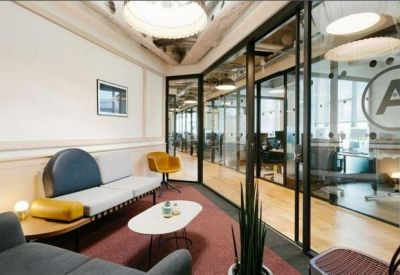 Inviting reception waiting area with a plush blue sofa and glass-walled meeting rooms.