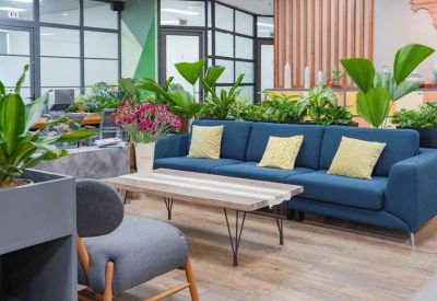 Lounge area featuring a large blue sofa, yellow cushions, and lush indoor greenery.