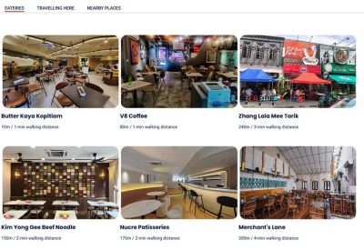 A list of nearby eateries and cafes within walking distance of the office.