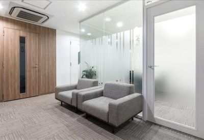 Bright reception waiting area with grey armchairs and frosted glass partitions.