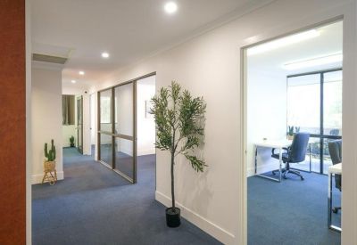 Professional hallway with glass partitions leading to private office suites.