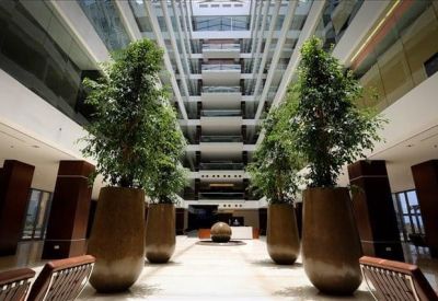 Grand multi-story atrium lobby with indoor trees and abundant natural light.