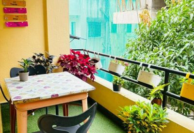 Sunny outdoor balcony area with artificial turf, a dining table, and potted plants.