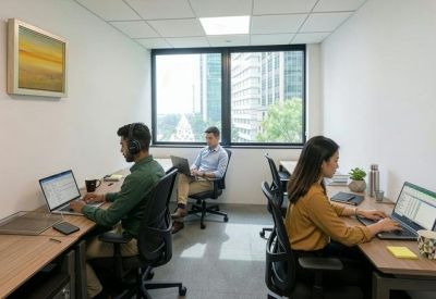 Three-person private office suite with large window and city views.