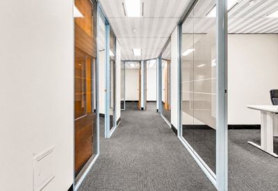 Bright office hallway with glass-partitioned rooms and light wood doors.