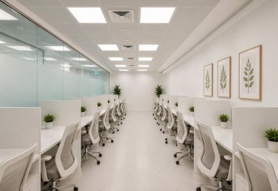 Bright open-plan workspace featuring two rows of white workstations with ergonomic chairs and small plants.