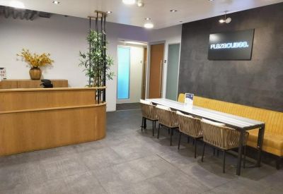 Minimalist reception area with wood-clad desk and branded feature wall.