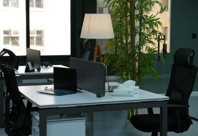 Shared office desk setup with laptops and lamp.