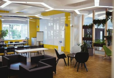 Vibrant breakout space with yellow feature walls, geometric ceiling lights, and indoor plants.