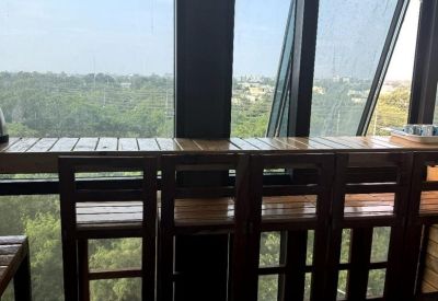 Wooden bar-style seating area overlooking a lush green forest through large windows.