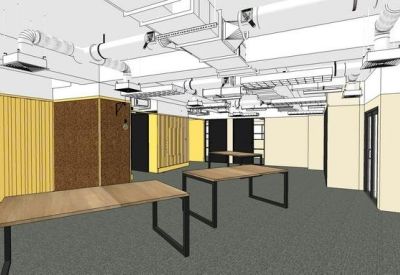 Architectural 3D render of an office layout with desks, lockers, and wood-paneled walls.