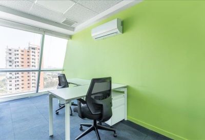 Bright office space with two desks and a lime green feature wall.