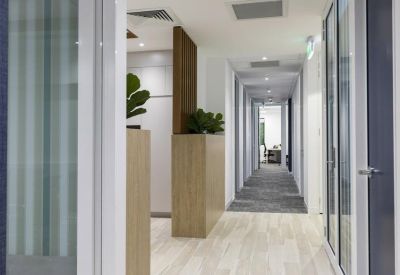 Bright white hallway with light wood floors and potted plants.