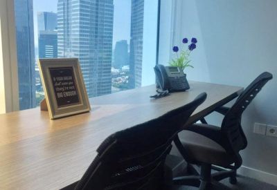Private office workstation with a desktop phone and a large window overlooking city skyscrapers.