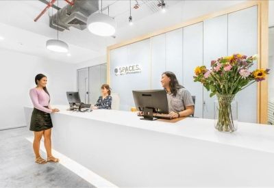 Bright white reception area with a long front desk, floral arrangement, and friendly staff.
